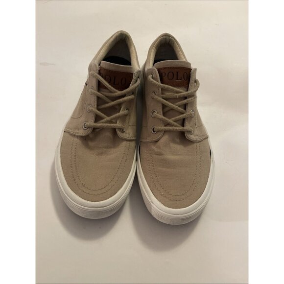 Boys Tan Polo Ralph Lauren Lace Up Canvas Sneaker Dress Shoes Size 4Y Logo - Picture 2 of 16